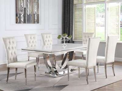 #ad 7 piece Chrome amp; White Stone Top Table amp; Fabric Chairs Art Deco Dining Set C7E $2245.97
