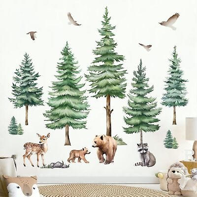 #ad Large Pine Tree Wall Decals Woodland Animal Bear Wall Stickers Baby Nursery K... $36.09