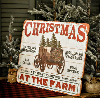 New Primitive Farmhouse Rustic CHRISTMAS AT FARM WAGON RIDES SIGN Hanging 23quot; $35.99