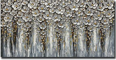 #ad Oil Painting On Canvas Flower Silver Modern Abstract Art Framed Large 24x48inch $210.00