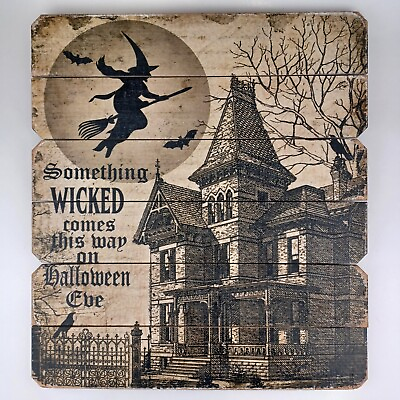 #ad Halloween Sign Rustic Home Decor Wood 17.5quot; Tall SOMETHING WICKED COMES THIS WAY $17.49