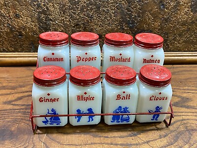 #ad Vintage Early Kitchen White Milk Glass Spice Jar Set w Wire Holder Set of 8 $97.99