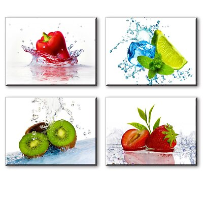 #ad Fruit Wall Art for Kitchen SZ 4 Piece Set Vivid Fruits and Ice Picture Home ... $52.27