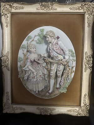 #ad Vintage Wall Sculpture Louis 14Th Framed “ Courting Couple” Ceramic $190.00