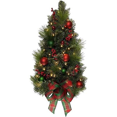 #ad Kurt Adler Pre Lit Battery Operated Wall Tree with Bow Green and Red 26in $72.07