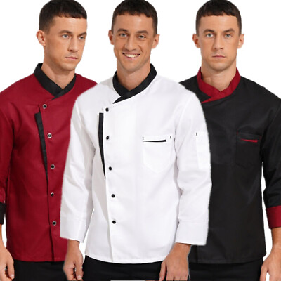 #ad US Mens Chef Jacket Long Sleeve Coat Restaurant Kitchen Cooking Tops Uniform $16.46