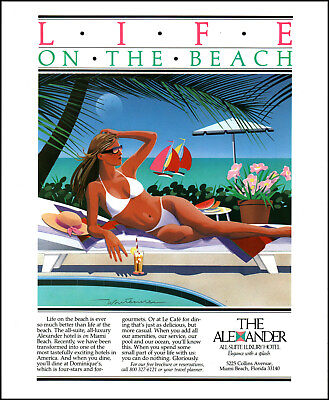 #ad #ad 1987 woman bikini art Miami Beach Alexander Luxury Hotel oceanfront print ad S3 $23.00