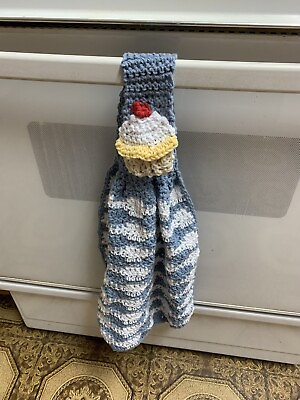 #ad Cupcake Kitchen Towel Hanging Sky Blue with White Waves New Handmade Crochet $19.99