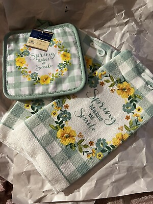 #ad Spring Makes Me Smile 2 coordinating kitchen towels and pot 2 holders $15.00