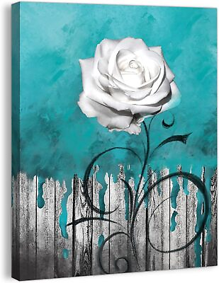 #ad Wall Art for Bathroom Canvas Wall Decor Teal Theme White Rose Painting Pictures $20.16