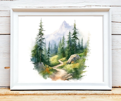 #ad Mountains Wall Art Print Forest Path Evergreen Trees Wall Art Decor $9.99