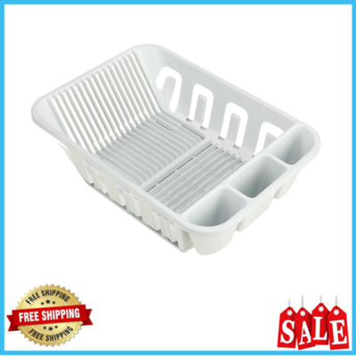 #ad 2 Piece Plastic Kitchen Sink Dish Drying Rack With Slide Out Drip Drainer Tray $8.99