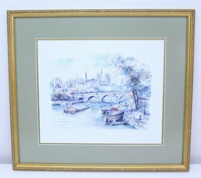 #ad #ad VTG Drawing Watercolor Framed Matted Art Paris Le Pont Neuf Notre Dame Nautical $103.99
