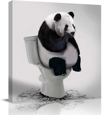 #ad Canvas Painting Funny Panda Sitting on Toilet Wall Art Wooden Framed Living Room $27.99