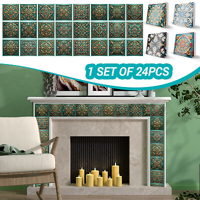 #ad 24PC Moroccan Style Tile Wall Stickers Kitchen Bathroom Self Adhesive Home Decor $23.99