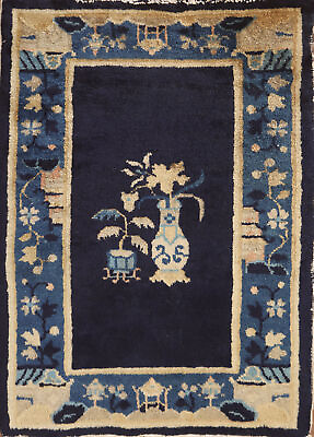 #ad Navy Blue Art Deco Chinese Accent Rug 2x3 Wool Hand knotted Foyer Carpet $399.00