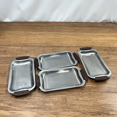 #ad Set of 4 Vintage MCM Stainless Steel Condiment Tray w wood handles Mid Modern $14.98