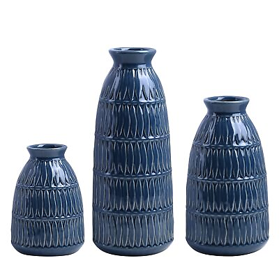 #ad Navy Blue Ceramic Flower Vases for Home Decor Set of 3 Living Room Décor Mo... $54.78
