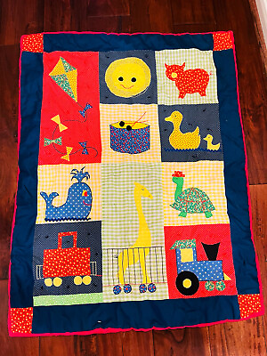 #ad VTG HANDMADE Red Yellow Blue Hand Tied Throw Nursery Quilt Wall Baby Blanket $13.16
