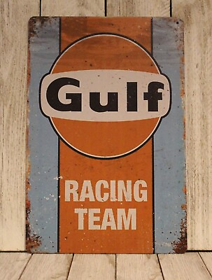 #ad Gulf Racing Team Tin Metal Sign Gas Station Motor Oil Mechanic Garage Rustic $10.97