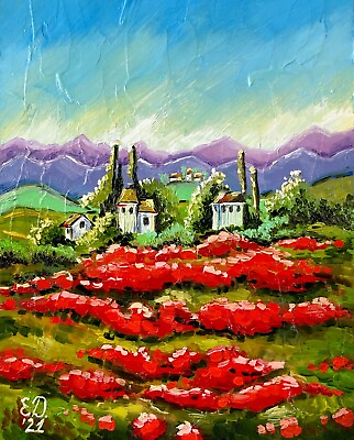 #ad Floral Oil Painting Italian Landscape Tuscany Poppy Original Artwork 10x8 inches $26.00
