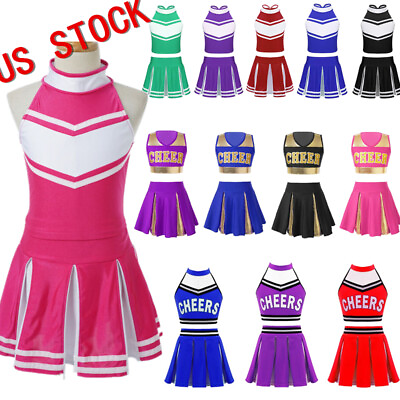 #ad US Kids Cheerleading Costume Cheer Girls Uniforms Dress Sets Tank Pleated Skirts $17.61