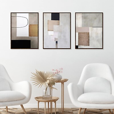 #ad Canvas Wall Art Set of 3 Framed Art Prints Abstract Painting Neutral Minim... $117.48