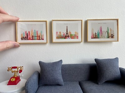 #ad #ad Dollhouse Miniature 1:12 Painting modern abstract city with frame Paris Wall Art $5.69