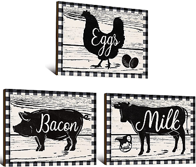 #ad 3 Pcs Rustic Farmhouse Animal Kitchen Decors Wooden Signs Country Wall Decor $14.12