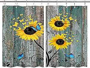#ad Sunflower Kitchen Curtains Floral on Rustic Teal Wood Plank Farmhouse $28.03