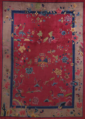 #ad Antique Vegetable Dye Art Deco Chinese Area Rug 9x12 Pink Wool Hand made Carpet $3133.00