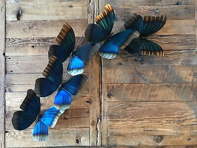 #ad Metal Butterfly Wall Art Signed Hanging Decor 5 Iridescent Blue Butterflies Rare $125.00