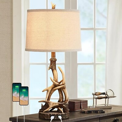 #ad Rustic Farmhouse Table Lamp for Living Room End Table Deer Antler Lamps with ... $75.00
