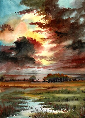 #ad #ad ORIGINAL Cloudy Sunset Over Marshes Sunset Art Marshland Art Country Art $150.00