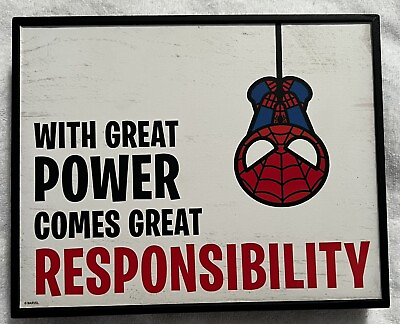 #ad Spider Man Marvel Wooden Wall Artwork Decor 10”x8” With Great Power $12.41