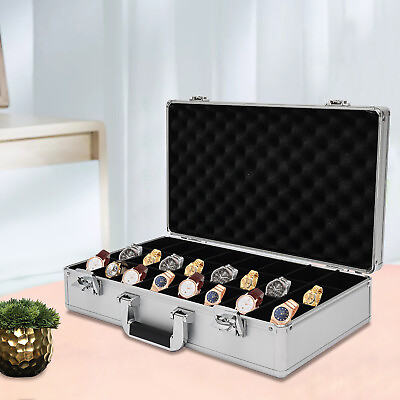 #ad 24 Grid Home Watch Storage Case Aluminum Alloy Briefcase Jewelry Box Watch Case $69.00