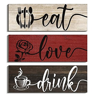 #ad Kitchen Wall Decor 3 Pieces Eat Love Drink Wood Sign Plaque Wall Art Rustic F... $23.69