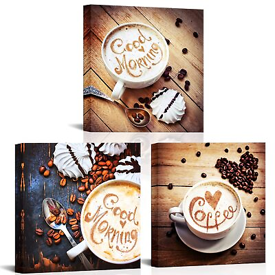 #ad 3 Panels Kitchen Canvas Wall Art Coffee Beans Picture Prints Coffee Cup on Vi... $29.34
