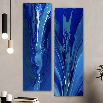 #ad 2 ORIGINAL Abstract BLUE Modern Canvas Wall Art Paintings Framed Large USA $295.00