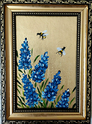 #ad Bee Painting Bumblebee on flowers Small Art Honeybee Insects Gold leaf Framed $49.00