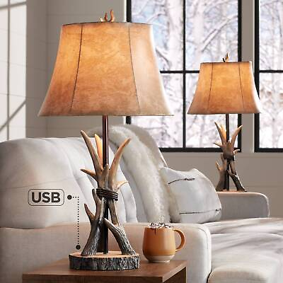 #ad Boone Rustic Table Lamps 27 1 2quot; Tall Set of 2 Natural Deer Antler with USB Port $179.99