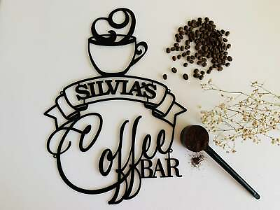 #ad Personalized Coffee Bar Metal Name Sign Coffee Lover Wall Art Kitchen Decor $69.00