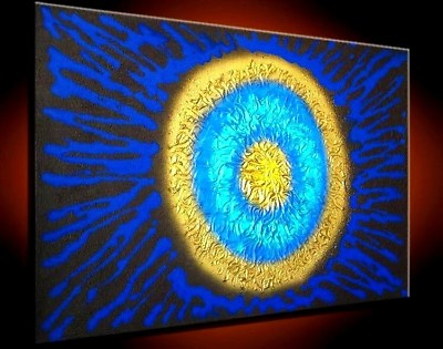Large Gold Oil Painting Abstract Wall Blue 3D Light Canvas Modern framed signed $199.00