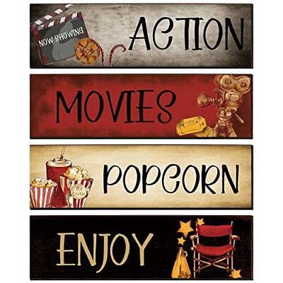 #ad 4 Piece Movie Theater Wooden Wall Decor Set Vintage Rustic Room Art amp; Signs $14.60