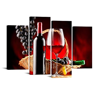 #ad 4Pieces Kitchen Wall Art Decor Black and Red Wine Grapes Canvas Picture Artwo... $76.04