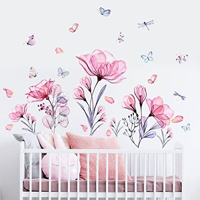 #ad Wall Decals Removable Butterflies Floral Flowerl Wall Stickers Pink Flowers $26.61