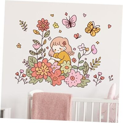 #ad Cartoon Cute Girl Wall Stickers for Nursery Girl Sitting in Flowers Wall $20.65