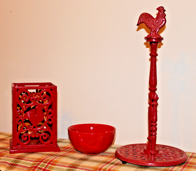 #ad Red Rooster 2 Kitchen Holders 1 Bowl 3 IN LOT Add to your Farmhouse collection $34.00