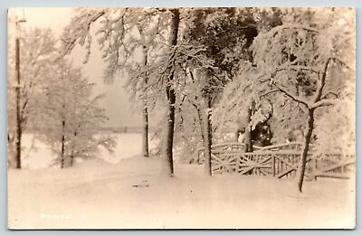 #ad Bemidji Minnesota Snow Covered Rustic Park Bridge Flocked Trees 1936 RPPC $17.00