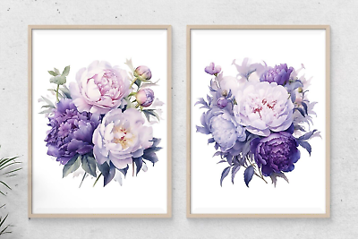 #ad Peonies Wall Art Prints Set of 2 Floral Wall Art Decor Purple Peonies $12.99